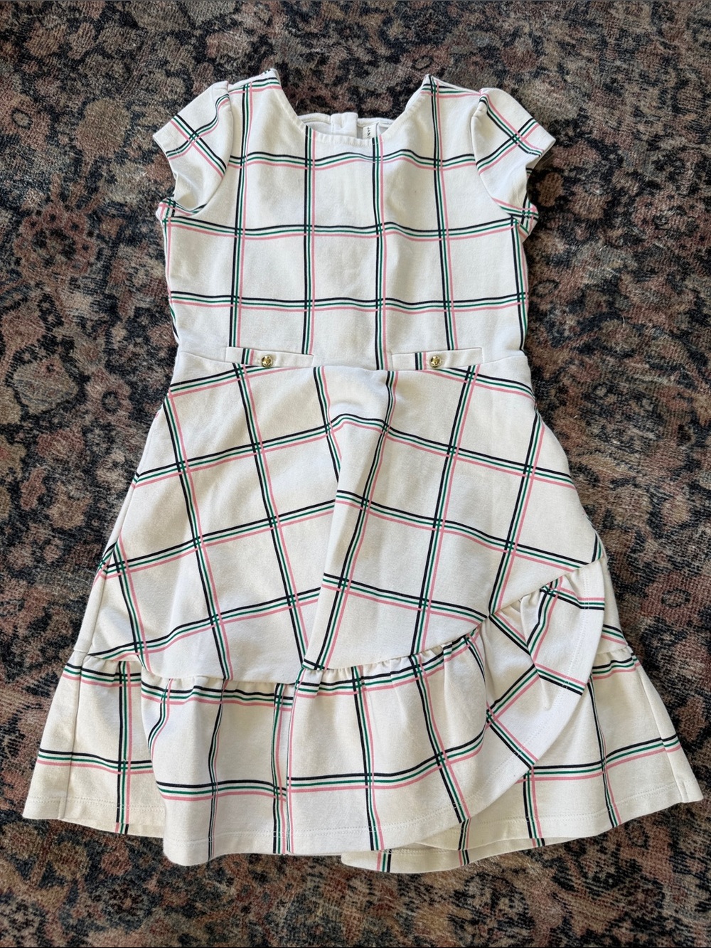 Janie and Jack Cream Plaid Fit-and-Flare Dress with Green and Pink Checks